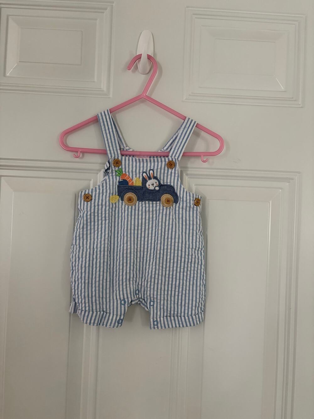 Baby Starters Easter "Egg Hunt Express" striped seersucker shortall size 3 mo